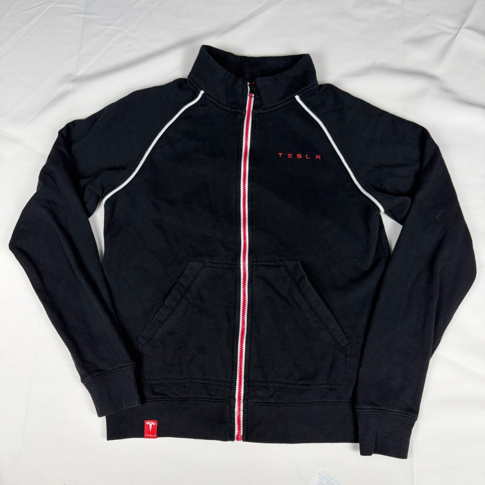 Tesla Motors Men Small Black Full Zip Track Jacket Fleece Sweatshirt Red Zip